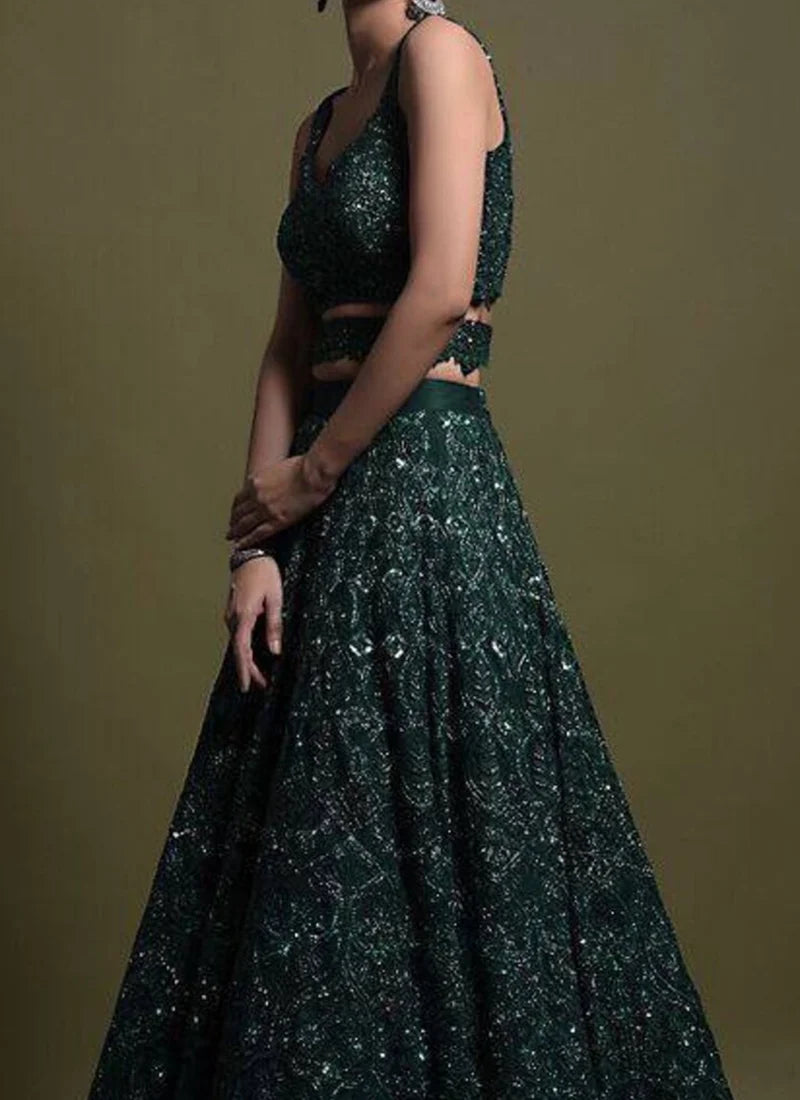 Green Net Sequin Lehenga