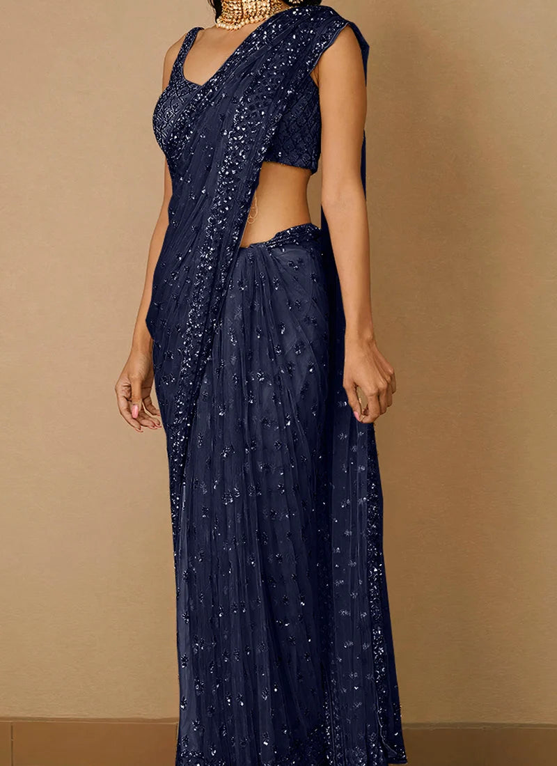 Midnight Blue Net Embroidered Saree