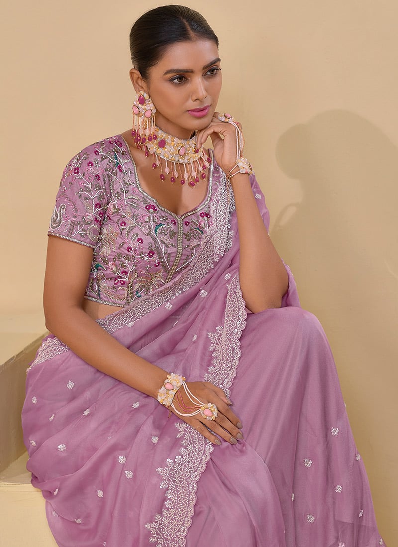 Pink Banarasi Tuscany Cut  Embroidered Sequins Bead Work Saree