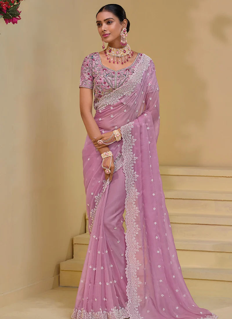 Pink Banarasi Tuscany Cut  Embroidered Sequins Bead Work Saree